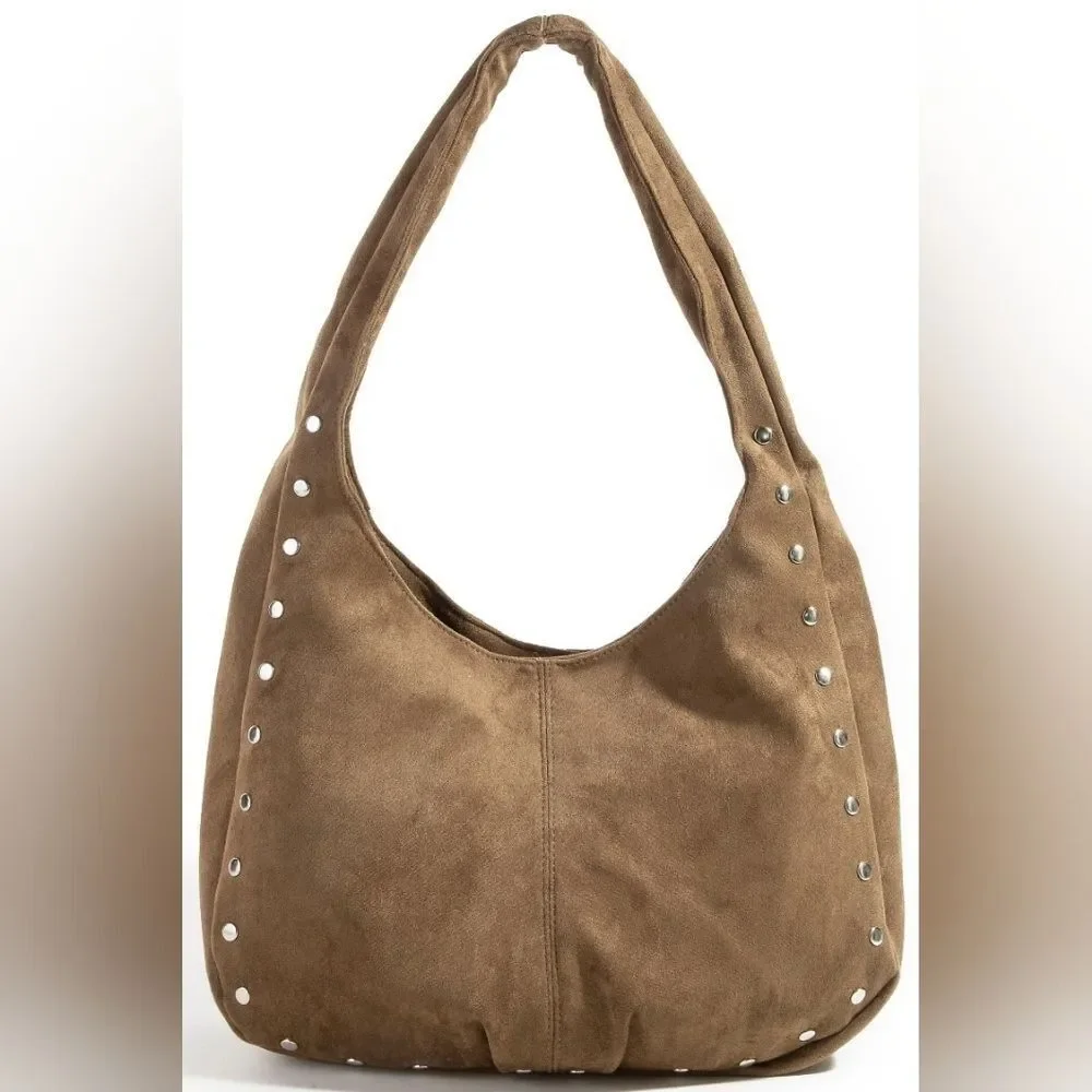 Comfy Casual Cute Cowgirl's Silver Stud Trim Suede Hobo Bag - Black Brown Khaki